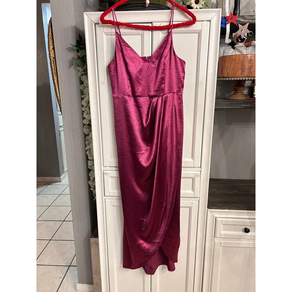 Magenta Pink Satin Wrap Front Maxi Dress Formal Party MEDIUM